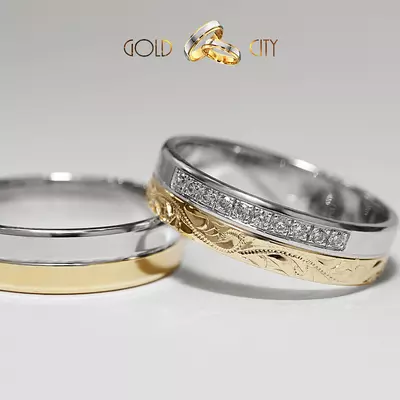 Szolidan elegáns kétszínű 14 karátos arany karikagyűrű  kézi véséssel