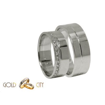 Modern, 14 karátos fehér arany karikagyűrű, a női változat sok-sok csillogó kővel díszítve.