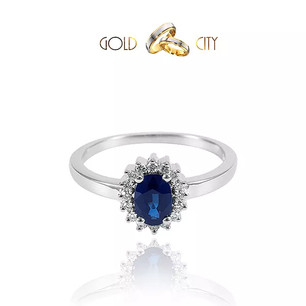  briliáns és kék zafír díszítik ezt a klasszikus stílusú női gyűrűt.